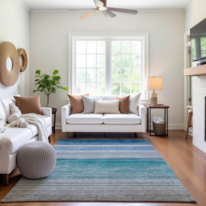 HomeRoots 8' Sky Blue Beige Ivory Striped Washable Area Rug - UV Protected, Soft, Durable, Ideal for Homes! 692533
