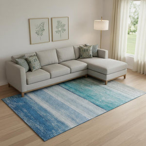 HomeRoots 9' X 12' Sky Blue Beige Ivory Striped Area Rug – Durable, Washable, UV-Protected for All Spaces 692534