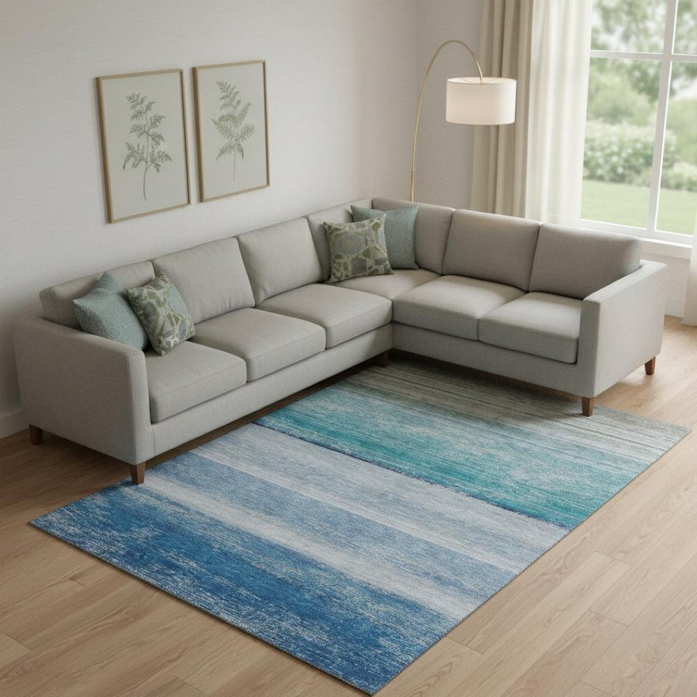 HomeRoots 10' Sky Blue Striped Washable Area Rug - Durable, UV-Protected, Family-Friendly Design for Any Room 692535