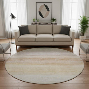 HomeRoots 8' X 8' Stylish Coral, Ivory & Gray Striped Washable Round Rug with UV Protection for Indoor & Outdoor Use 692538