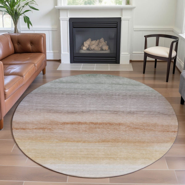 HomeRoots 8' X 8' Stylish Coral, Ivory & Gray Striped Washable Round Rug with UV Protection for Indoor & Outdoor Use 692538