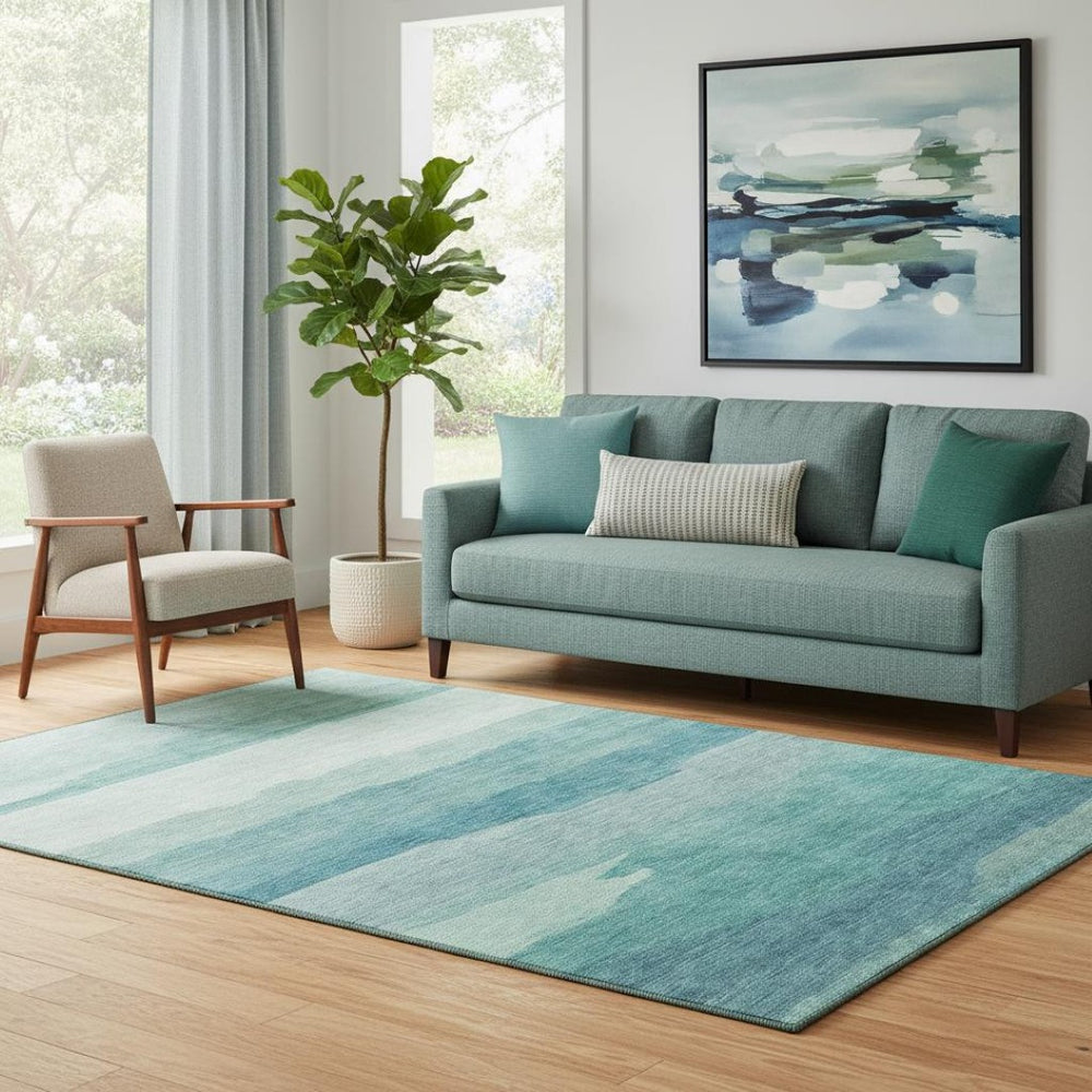 HomeRoots 5' X 8' Turquoise and Ivory Striped Area Rug - Washable, UV-Protected, Durable & Stylish for Any Room 692543