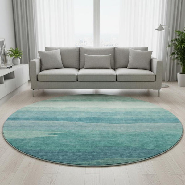 HomeRoots 8' X 8' Turquoise Striped Round Rug - Washable, UV Protected, Durable, Stain Resistant, Non-Slip Backing 692544
