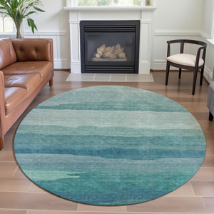 HomeRoots 8' X 8' Turquoise Striped Round Rug - Washable, UV Protected, Durable, Stain Resistant, Non-Slip Backing 692544