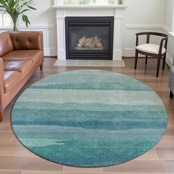 HomeRoots 8' X 8' Turquoise Striped Round Rug - Washable, UV Protected, Durable, Stain Resistant, Non-Slip Backing 692544