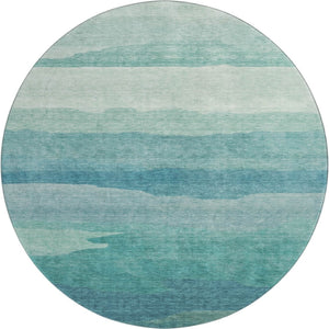 HomeRoots 8' X 8' Turquoise Striped Round Rug - Washable, UV Protected, Durable, Stain Resistant, Non-Slip Backing 692544