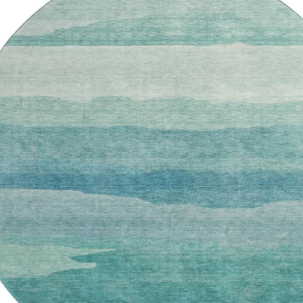 HomeRoots 8' X 8' Turquoise Striped Round Rug - Washable, UV Protected, Durable, Stain Resistant, Non-Slip Backing 692544