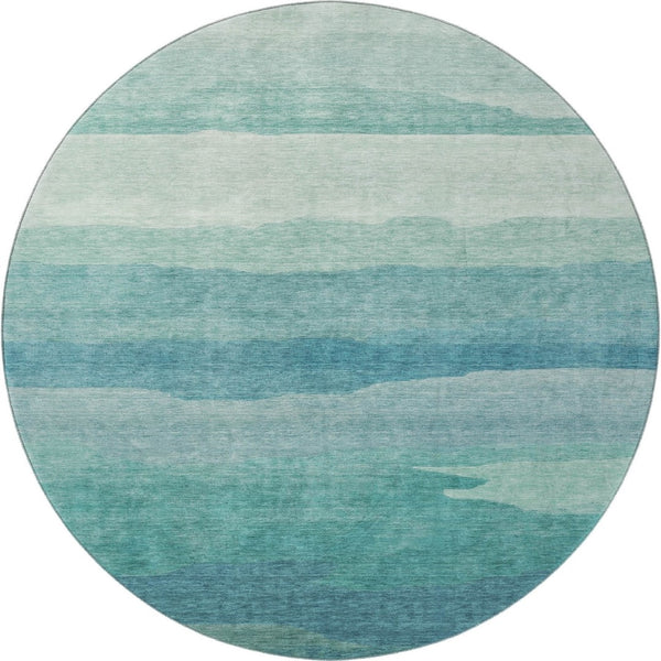 HomeRoots 8' X 8' Turquoise Striped Round Rug - Washable, UV Protected, Durable, Stain Resistant, Non-Slip Backing 692544