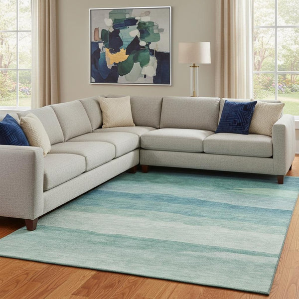 HomeRoots 8' Striped Turquoise and Ivory Washable Area Rug with UV Protection for High-Traffic Homes 692545