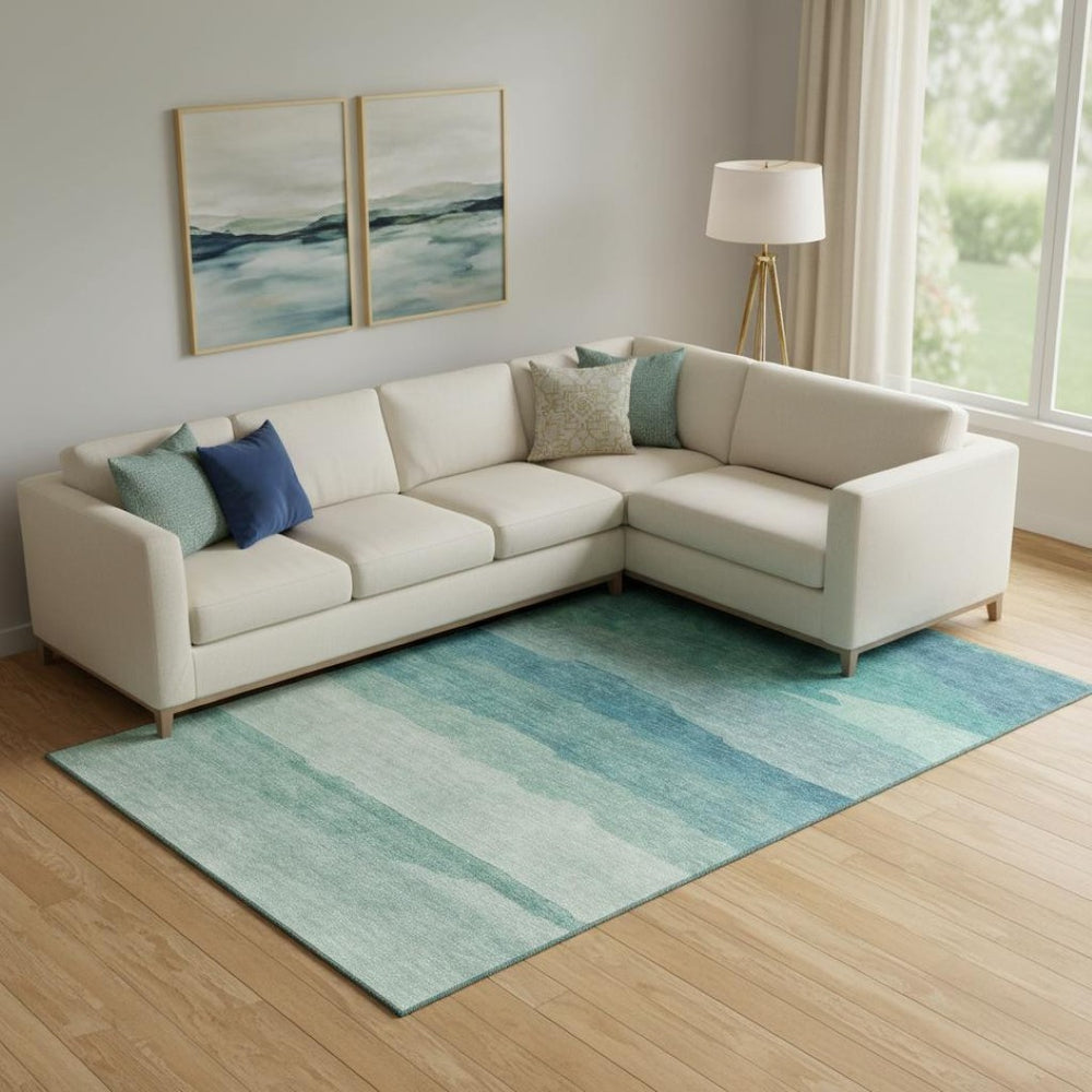 HomeRoots 9' X 12' Turquoise and Ivory Striped Area Rug - Durable, Washable with UV Protection for Coastal Decor 692546