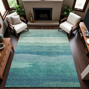 HomeRoots 9' X 12' Turquoise and Ivory Striped Area Rug - Durable, Washable with UV Protection for Coastal Decor 692546
