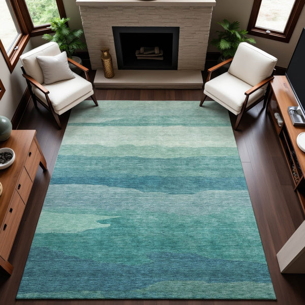 HomeRoots 9' X 12' Turquoise and Ivory Striped Area Rug - Durable, Washable with UV Protection for Coastal Decor 692546