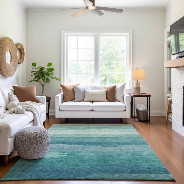 HomeRoots 9' X 12' Turquoise and Ivory Striped Area Rug - Durable, Washable with UV Protection for Coastal Decor 692546