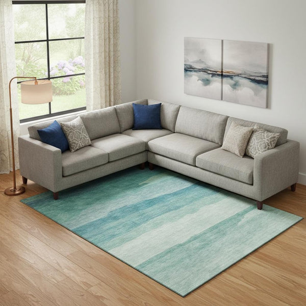 HomeRoots 10' X 14' Turquoise & Ivory Striped Washable Area Rug – Durable, UV-Protected, Perfect for Any Space! 692547