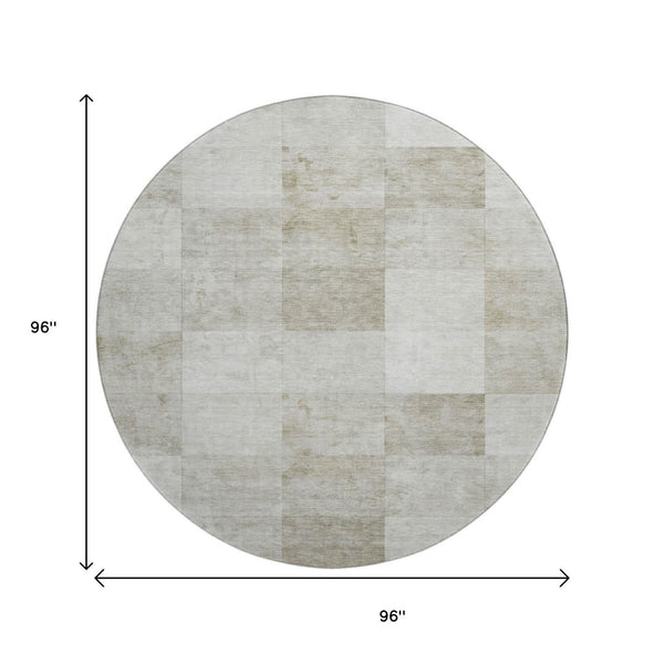 HomeRoots 8' Round Beige, Ivory & Taupe Geometric Washable Rug with UV Protection for Modern Spaces & Families 692550