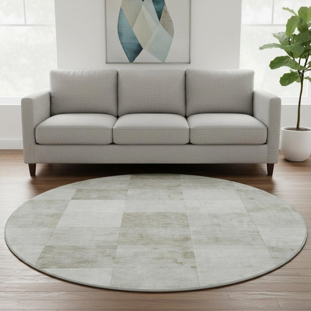 HomeRoots 8' Round Beige, Ivory & Taupe Geometric Washable Rug with UV Protection for Modern Spaces & Families 692550