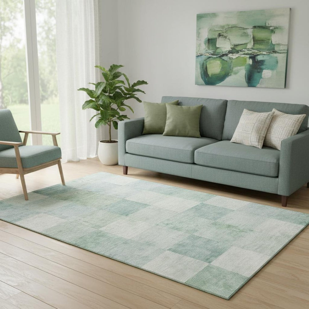 HomeRoots 5' X 8' Pale Aqua Mint Green Ivory Geometric Area Rug - Washable, UV Protected, Family-Friendly Design 692555