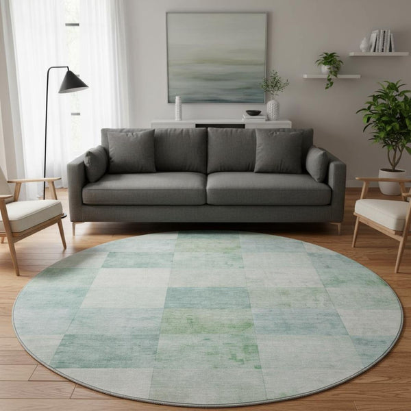 HomeRoots 8' Round Washable Geometric Rug in Pale Aqua Mint Green & Ivory - UV Protected, Easy Care, Modern Style 692556