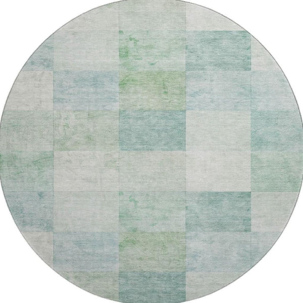 HomeRoots 8' Round Washable Geometric Rug in Pale Aqua Mint Green & Ivory - UV Protected, Easy Care, Modern Style 692556