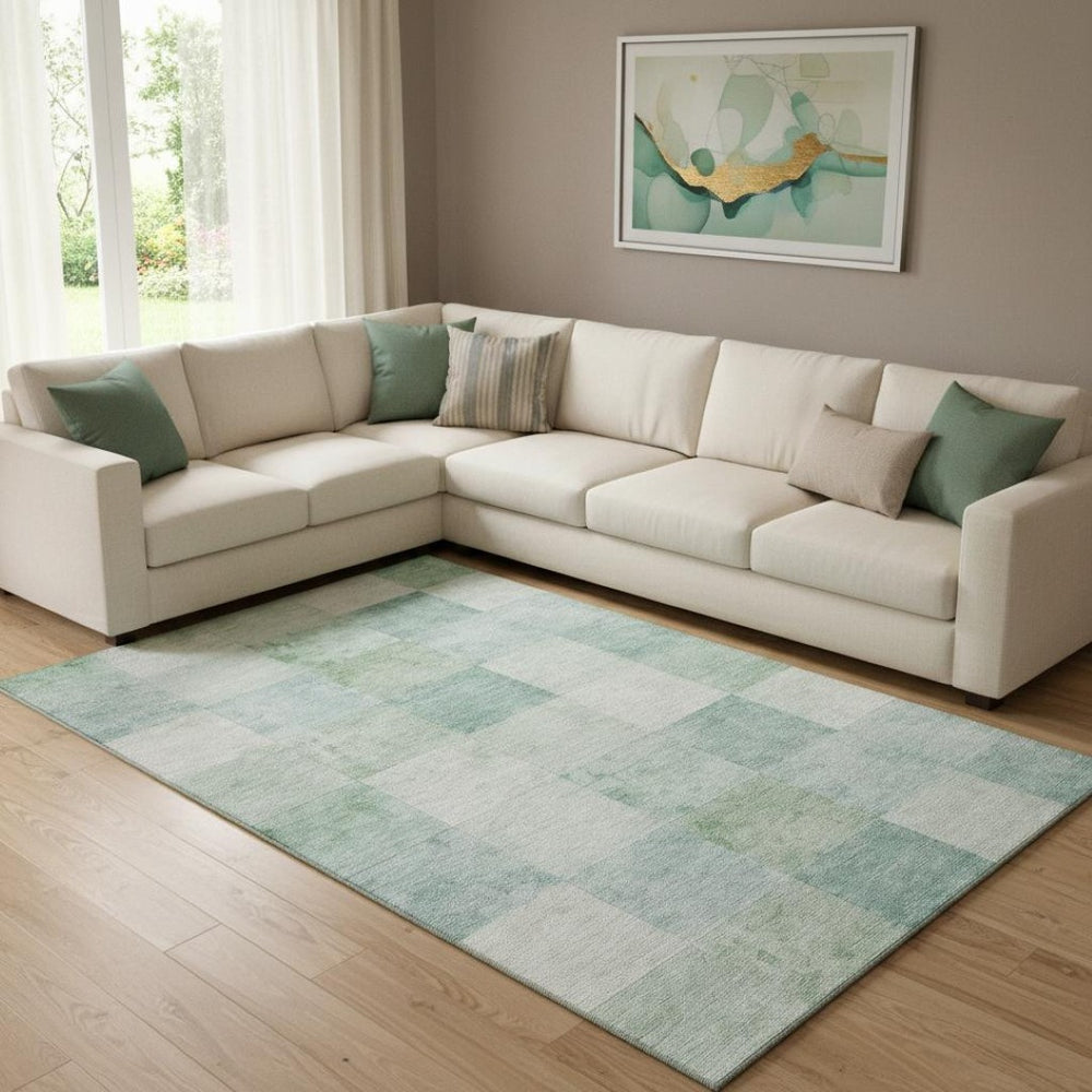 HomeRoots 8' Pale Aqua Mint Green & Ivory Geometric Washable Area Rug - Stylish, Durable & UV Protected! 692557