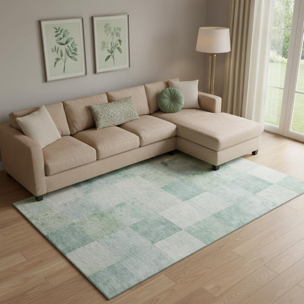 HomeRoots 9' X 12' Pale Aqua Mint Green Geometric Washable Area Rug with UV Protection for High-Traffic Spaces 692558