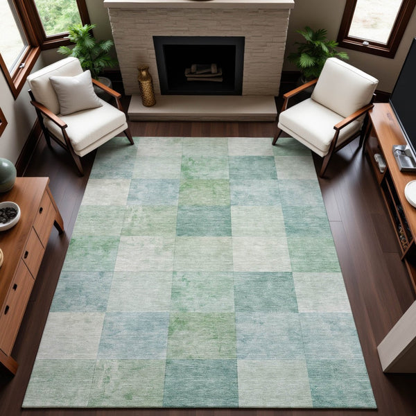 HomeRoots 9' X 12' Pale Aqua Mint Green Geometric Washable Area Rug with UV Protection for High-Traffic Spaces 692558
