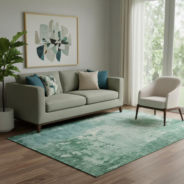 HomeRoots 5' X 8' Abstract Emerald & Denim Blue Area Rug - Washable, UV-Protected, Non-Slip, Durable Design 692561