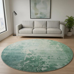 HomeRoots 8' X 8' Abstract Washable Round Rug in Emerald & Denim Blue - UV Protected, Low-Maintenance Elegance 692562