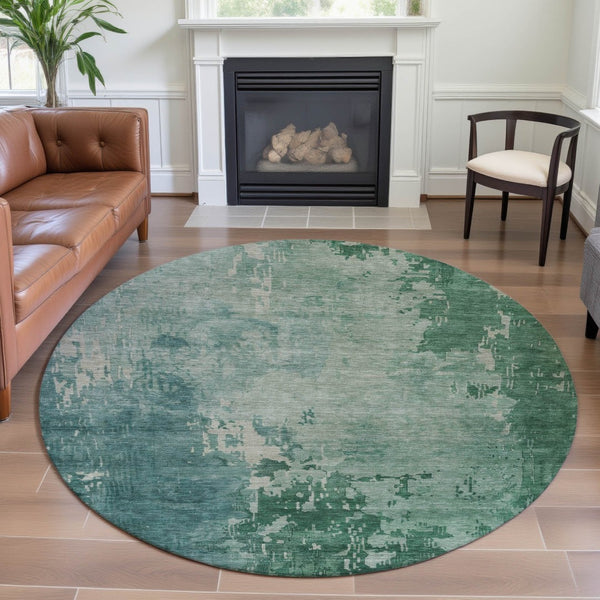 HomeRoots 8' X 8' Abstract Washable Round Rug in Emerald & Denim Blue - UV Protected, Low-Maintenance Elegance 692562