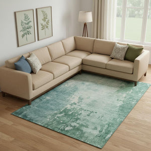 HomeRoots 9' X 12' Washable Emerald & Denim Blue Abstract Area Rug - UV Protected, Stain Resistant, Durable Design 692564