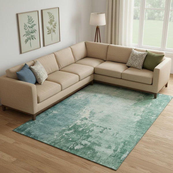 HomeRoots 9' X 12' Washable Emerald & Denim Blue Abstract Area Rug - UV Protected, Stain Resistant, Durable Design 692564
