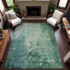 HomeRoots 9' X 12' Washable Emerald & Denim Blue Abstract Area Rug - UV Protected, Stain Resistant, Durable Design 692564