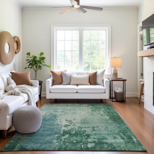 HomeRoots 9' X 12' Washable Emerald & Denim Blue Abstract Area Rug - UV Protected, Stain Resistant, Durable Design 692564