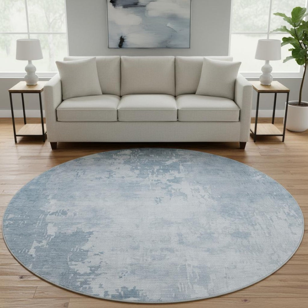 HomeRoots 8' X 8' Sky Blue & Ivory Abstract Round Rug - UV Protected, Washable & Kid-Friendly for Every Space 692580