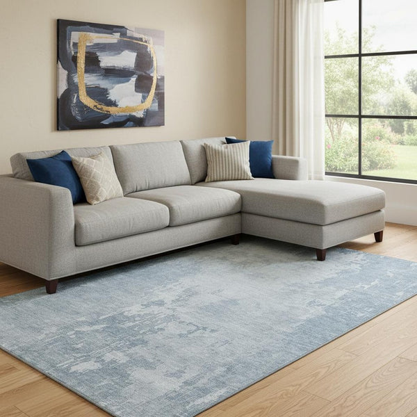 HomeRoots 8' Sky Blue & Ivory Abstract Area Rug - Washable, Stain Resistant, UV Protected for Modern Spaces! 692581