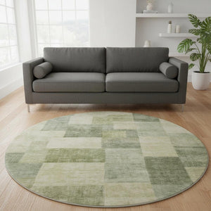 HomeRoots 8' Round Artichoke Green & Beige Geometric Washable Rug - UV Protected, Stain-Resistant, Non-Slip! 692586