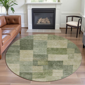 HomeRoots 8' Round Artichoke Green & Beige Geometric Washable Rug - UV Protected, Stain-Resistant, Non-Slip! 692586