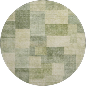HomeRoots 8' Round Artichoke Green & Beige Geometric Washable Rug - UV Protected, Stain-Resistant, Non-Slip! 692586
