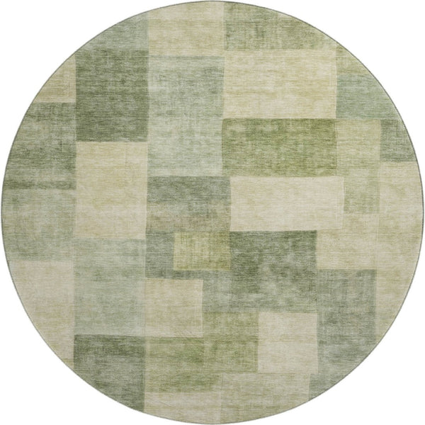 HomeRoots 8' Round Artichoke Green & Beige Geometric Washable Rug - UV Protected, Stain-Resistant, Non-Slip! 692586
