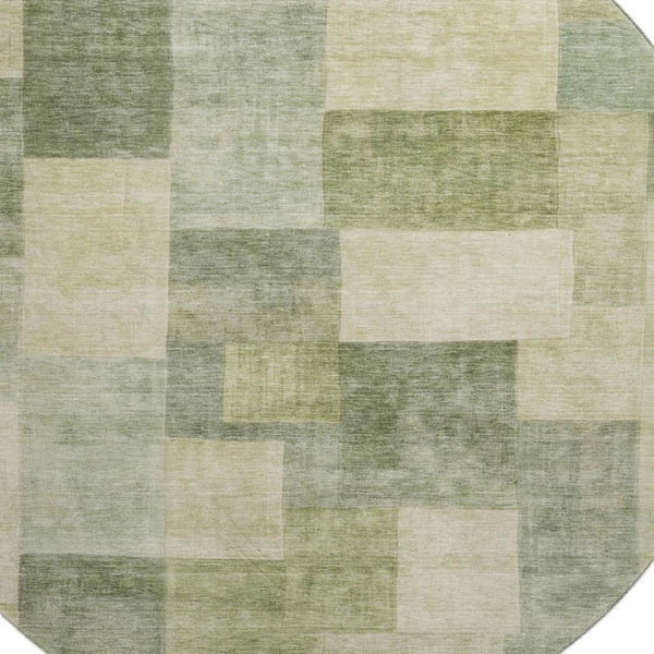 HomeRoots 8' Round Artichoke Green & Beige Geometric Washable Rug - UV Protected, Stain-Resistant, Non-Slip! 692586