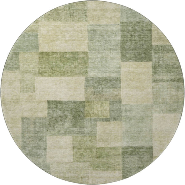 HomeRoots 8' Round Artichoke Green & Beige Geometric Washable Rug - UV Protected, Stain-Resistant, Non-Slip! 692586