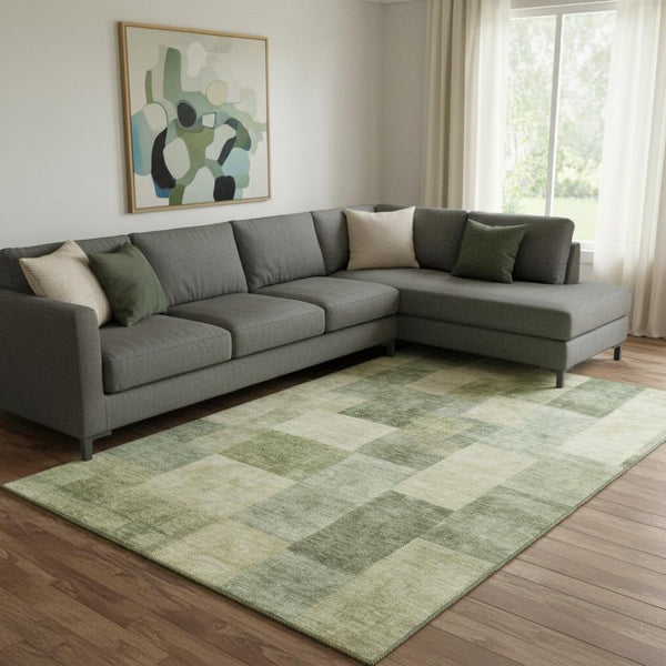 HomeRoots 8' Artichoke Green & Beige Geometric Area Rug - Washable, UV Protected, Stain Resistant, Non-Slip 692587