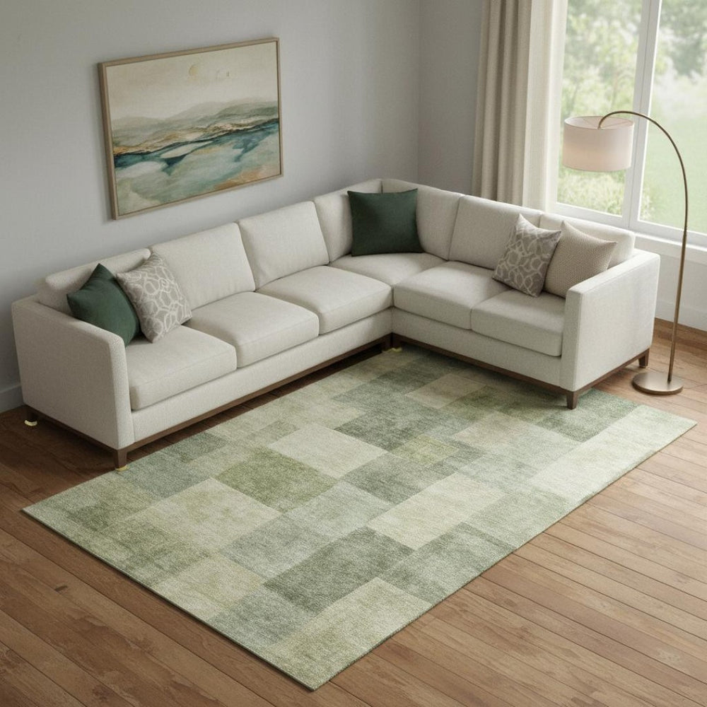 HomeRoots 9' X 12' Artichoke Green & Beige Geometric Washable Area Rug with UV Protection for High-Traffic Spaces 692588
