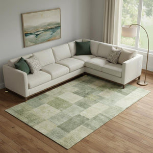 HomeRoots 9' X 12' Artichoke Green & Beige Geometric Washable Area Rug with UV Protection for High-Traffic Spaces 692588