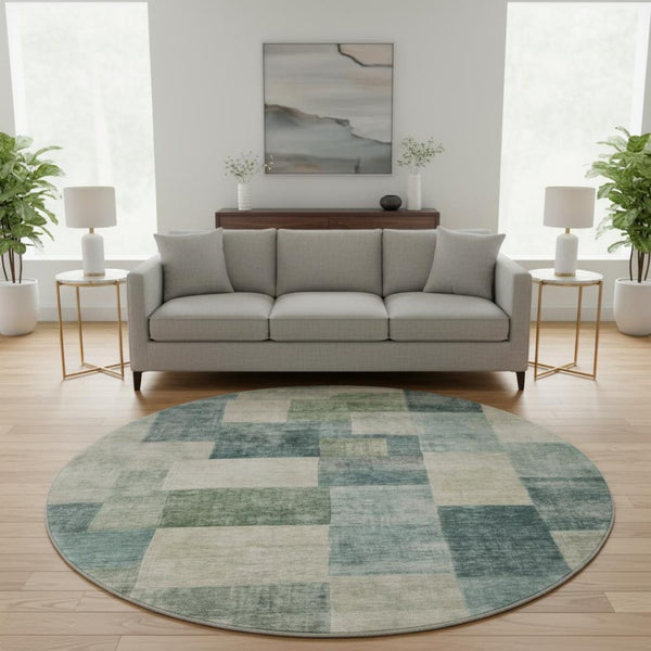 HomeRoots 8' X 8' Pale Aqua Blue Geometric Round Rug - Stylish, Washable, UV-Protected, Perfect for Homes! 692592