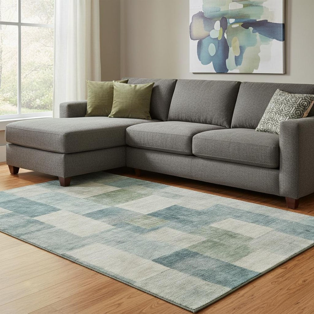 HomeRoots 8' Pale Aqua Blue and Ivory Geometric Area Rug - Washable, UV Protected, Perfect for Active Homes! 692593