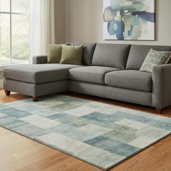HomeRoots 8' Pale Aqua Blue and Ivory Geometric Area Rug - Washable, UV Protected, Perfect for Active Homes! 692593