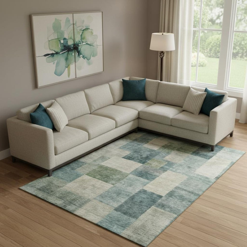 HomeRoots 9' X 12' Stylish Pale Aqua Blue & Ivory Geometric Washable Area Rug with UV Protection & Non-Slip Backing 692594
