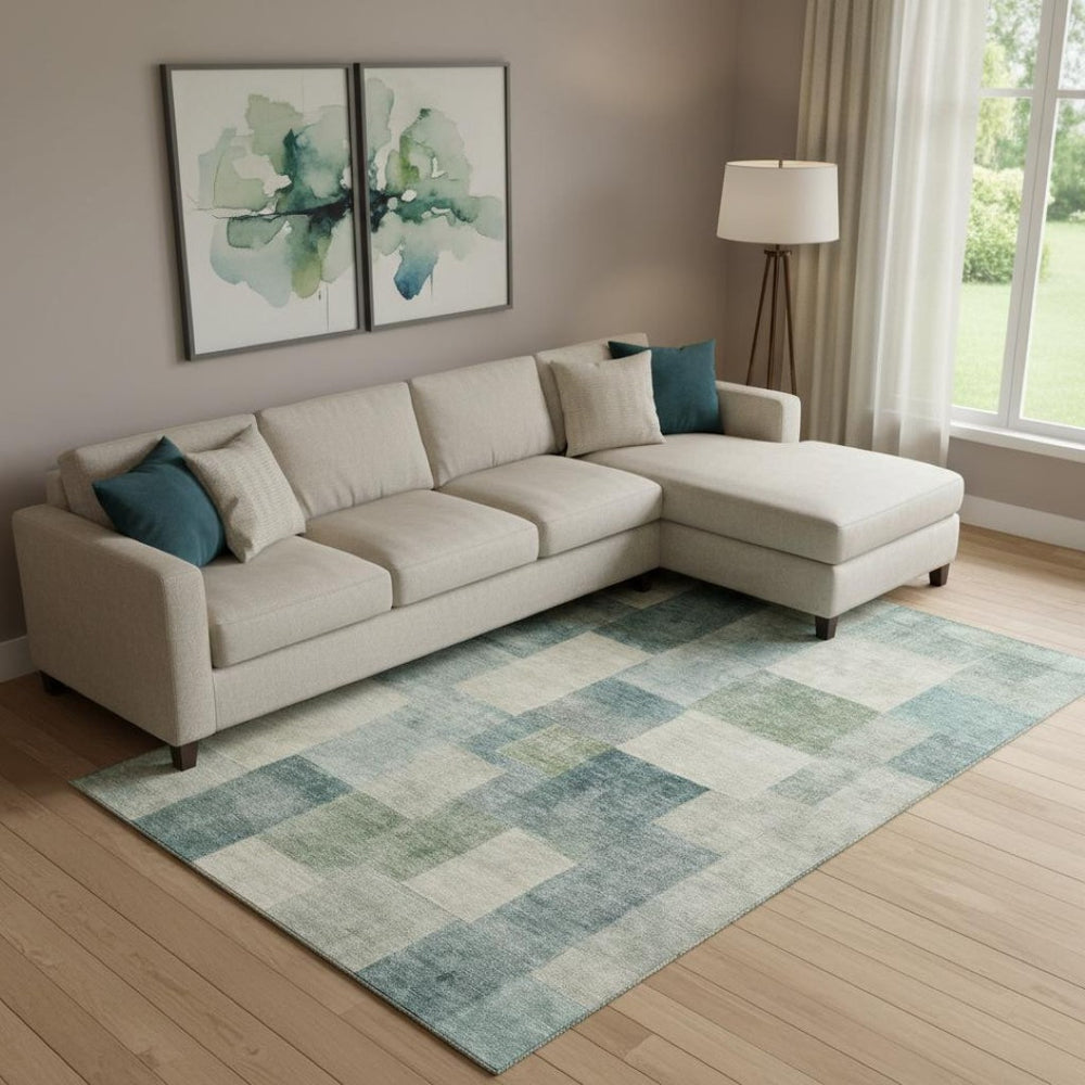 HomeRoots 10' Modern Pale Aqua Blue and Ivory Geometric Area Rug - Washable, UV Protected, Non-Slip Safety 692595