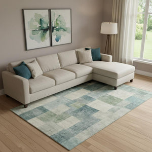 HomeRoots 10' Modern Pale Aqua Blue and Ivory Geometric Area Rug - Washable, UV Protected, Non-Slip Safety 692595